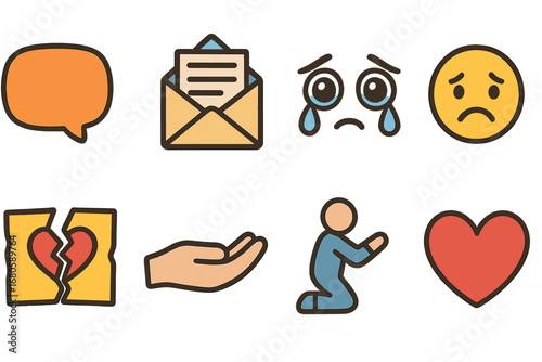 Childhood Feelings Icons. Flat vector mini-illustrations failure and apology in colors children's illustrations: speech bubble,