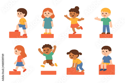 Children on Platforms. Flat vector mini-illustrations platform usage in colors children's illustrations: stepping up platform,
