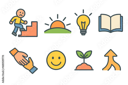 Childhood Growth Icons. Flat vector mini-illustrations failure and retry in colors children's illustrations: climbing stairs,