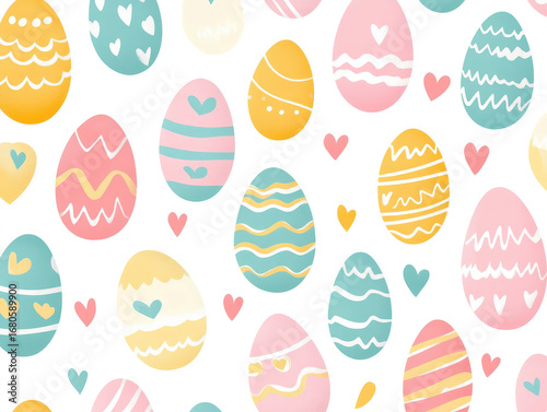 Colorful Easter eggs seamless pattern with festive spring decoration, cute bunny elements, pastel holiday background, decorative seasonal design for greeting cards, wrapping paper and celebration proj
