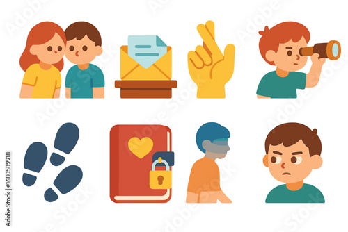 Children's Betrayal Icons. Flat vector mini-illustrations betrayal scenarios in colors children's illustrations: secret meeting,