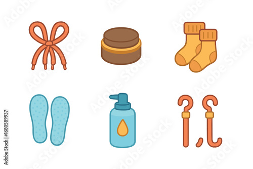 Children's Boot Accessories. Flat vector mini-illustrations boot accessories in colors children's illustrations: boot laces, boot