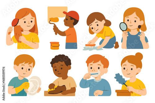 Children's Chore Icons. Flat vector mini-illustrations brush usage in colors children's illustrations: brushing hair, painting