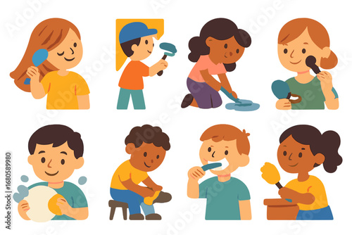 Children's Chore Icons. Flat vector mini-illustrations brush usage in colors children's illustrations: brushing hair, painting