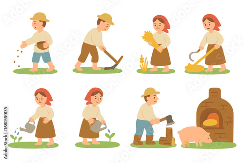 Children's Farming Tools. Flat vector mini-illustrations peasant tools usage in colors children's illustrations: sowing seeds,
