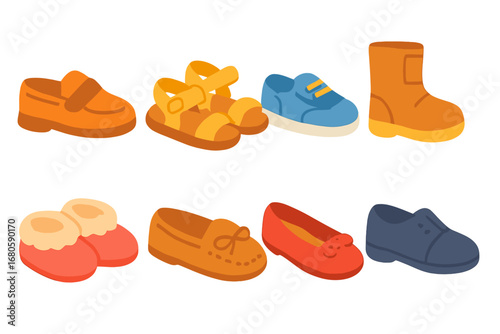 Children's Footwear Styles. Flat vector mini-illustrations footwear styles in colors children's illustrations: loafers, sandals,