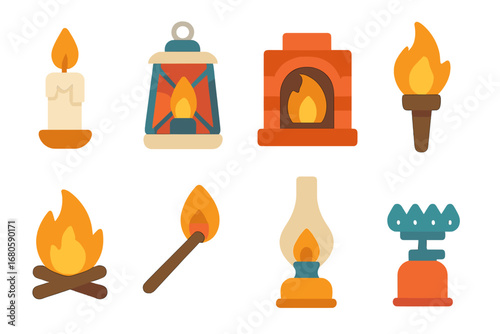 Children's Flame Icons. Flat vector mini-illustrations flame and light sources in colors children's illustrations: candle, lantern