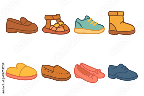 Children's Footwear Styles. Flat vector mini-illustrations footwear styles in colors children's illustrations: loafers, sandals,