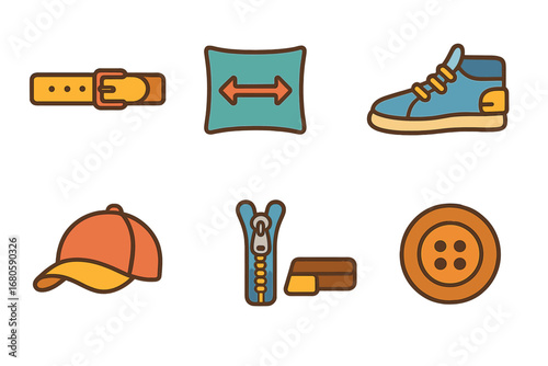 Children's Illustration Icons. Flat vector mini-illustrations adjustable fit in colors children's illustrations: adjustable belt,