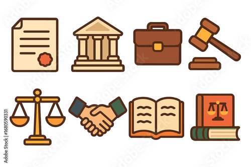 Children's Legal Icons. Flat vector mini-illustrations injustice and legal aid in colors children's illustrations: legal documents