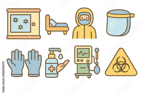 Children's Medical Icons. Flat vector mini-illustrations medical isolation in colors children's illustrations: isolation ward,