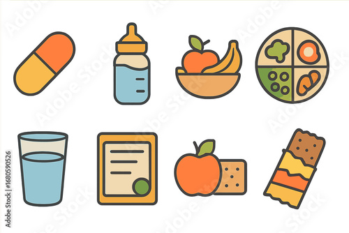 Children's Nutrition Icons. Flat vector mini-illustrations hunger and nutrition in colors children's illustrations: vitamin pill,