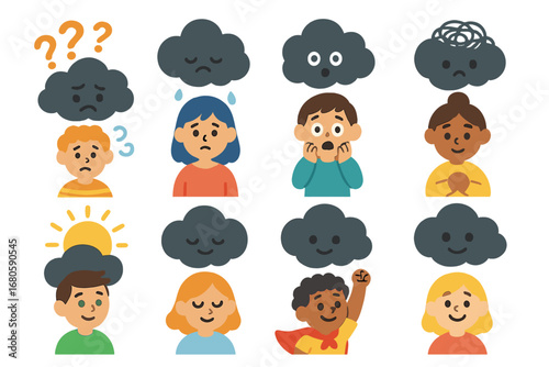 Children's Mood Icons. Flat vector mini-illustrations black cloud and moods in colors children's illustrations: confusion, sadness