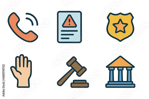 Children's Safety Icons. Flat vector mini-illustrations abuse reporting in colors children's illustrations: phone call, legal
