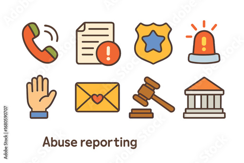 Children's Safety Icons. Flat vector mini-illustrations abuse reporting in colors children's illustrations: phone call, legal