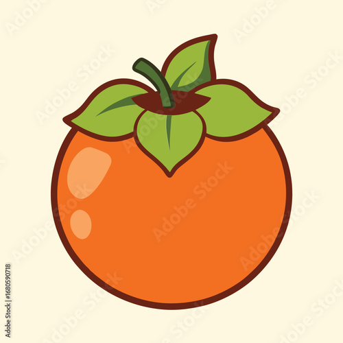Stylized vector illustration of a ripe persimmon fruit with leaves