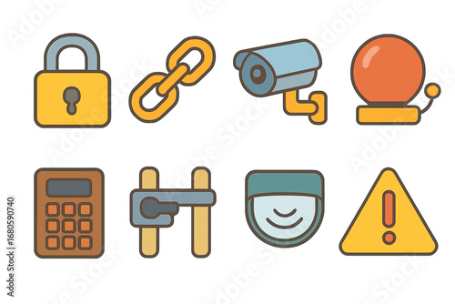 Children's Security Icons. Flat vector mini-illustrations cage locks and security in colors children's illustrations: padlock,