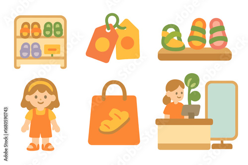 Children's Sandal Store Icons. Flat vector mini-illustrations sandal store in colors children's illustrations: shoe rack, price
