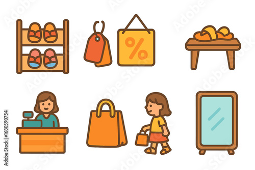 Children's Sandal Store Icons. Flat vector mini-illustrations sandal store in colors children's illustrations: shoe rack, price