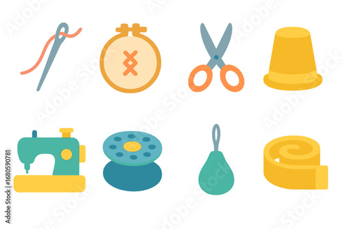 Children's Sewing Tools. Flat vector mini-illustrations thread tools in colors children's illustrations: sewing needle, embroidery