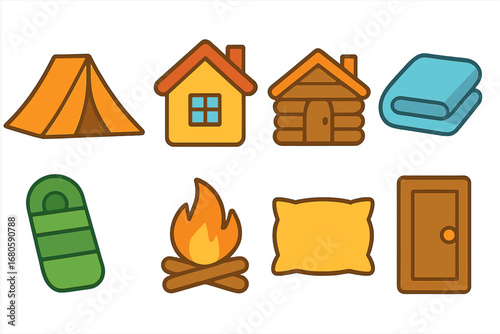 Children's Shelter Icons. Flat vector mini-illustrations shelter needs in colors children's illustrations: tent, house, cabin,