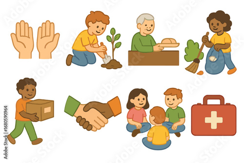 Children's Volunteer Icons. Flat vector mini-illustrations volunteer work in colors children's illustrations: helping hands,