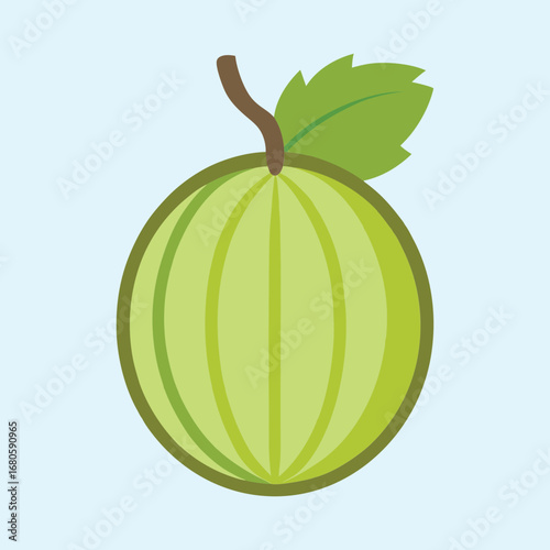 Illustration of a vibrant green gooseberry with stem and single leaf