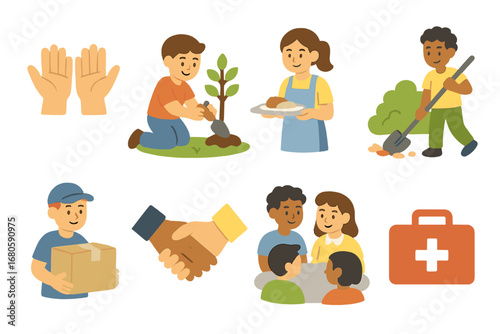Children's Volunteer Icons. Flat vector mini-illustrations volunteer work in colors children's illustrations: helping hands,