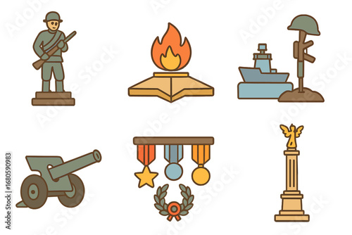Children's War Icons. Flat vector mini-illustrations war monuments in colors children's illustrations: soldier statue, eternal