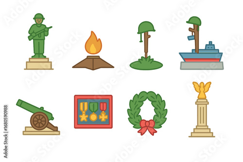 Children's War Icons. Flat vector mini-illustrations war monuments in colors children's illustrations: soldier statue, eternal