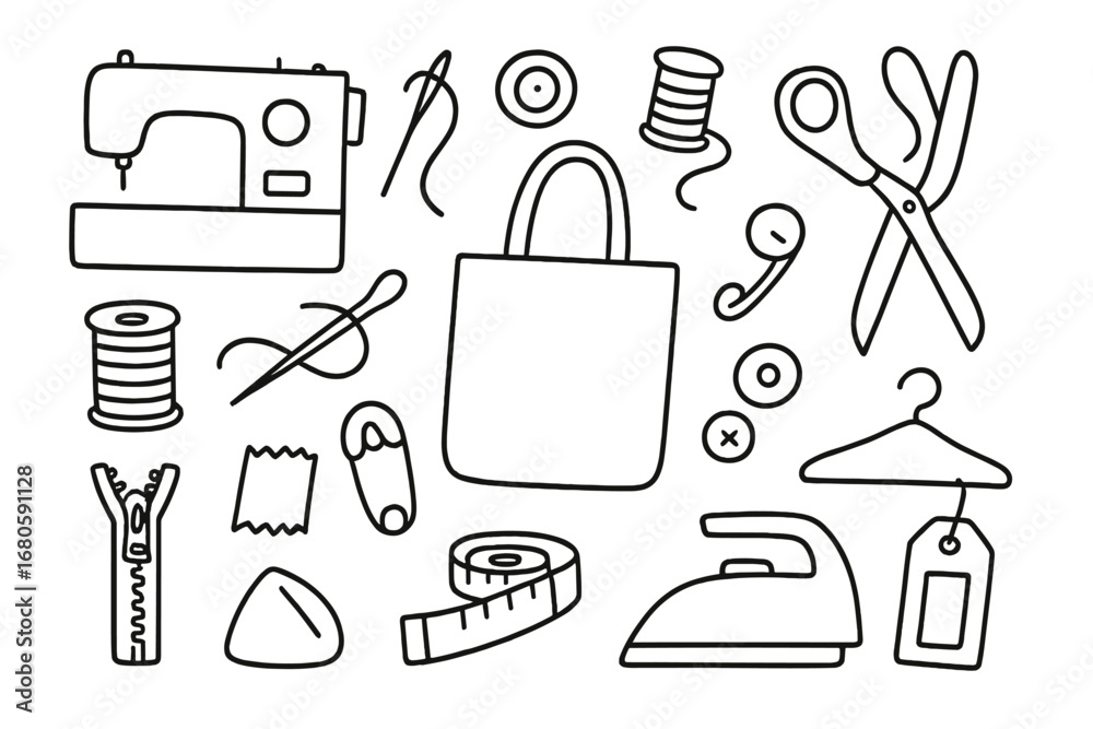 Fototapeta premium Cloth Bag Crafting Essentials. Hand-drawn doodle illustration Cloth bag making process sewing machine, needle, thread spool,