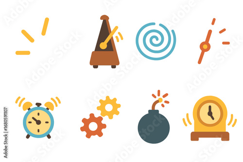 Clockwork Miniatures. Flat vector mini-illustrations ticking sound in colors children's illustrations: clock tick marks, metronome