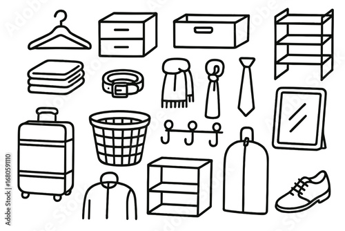 Closet Organization Doodles. Hand-drawn doodle illustration Practical closet organization items hanger, drawer, storage box, shoe