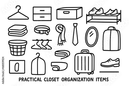 Closet Organization Doodles. Hand-drawn doodle illustration Practical closet organization items hanger, drawer, storage box, shoe