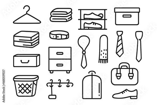 Closet Organization Doodles. Hand-drawn doodle illustration Closet organization hanger, shelf, shoe rack, storage box, folded
