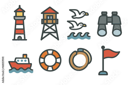 Coastal Icon Grid. Flat vector mini-illustrations coastal lookout in colors children's illustrations: lighthouse, watchtower,