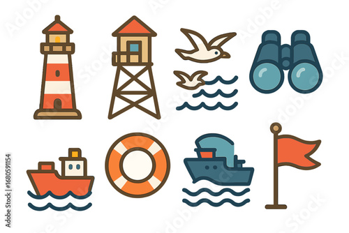 Coastal Icon Grid. Flat vector mini-illustrations coastal lookout in colors children's illustrations: lighthouse, watchtower,
