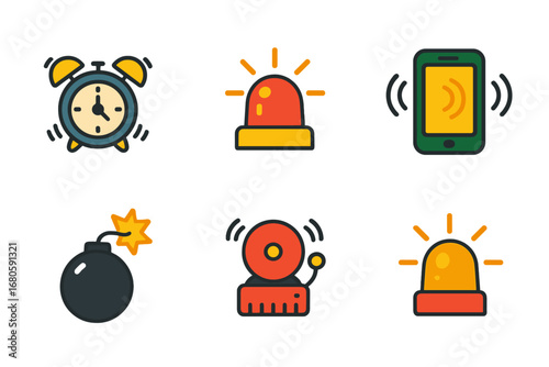 Colorful Alarms and Alerts. Flat vector mini-illustrations ticking alarms in colors children's illustrations: alarm clock ringing,