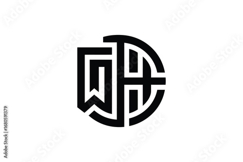 A black and white logo featuring the letters w h d in a stylized circular design