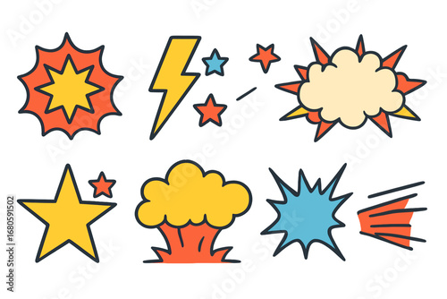 Colorful Comic Sound Effects. Flat vector mini-illustrations comic sound effects in colors children's illustrations: pow burst,