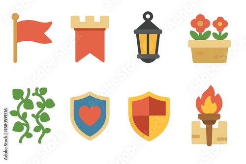 Colorful Castle Icons. Flat vector mini-illustrations battlements decorations in colors children's illustrations: flags, banners,