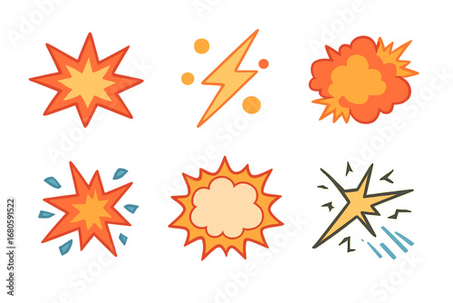 Colorful Comic Sound Effects. Flat vector mini-illustrations comic sound effects in colors children's illustrations: pow burst,