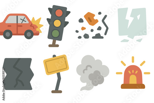 Colorful Crash Scene. Flat vector mini-illustrations crash aftermath in colors children's illustrations: wrecked car, broken