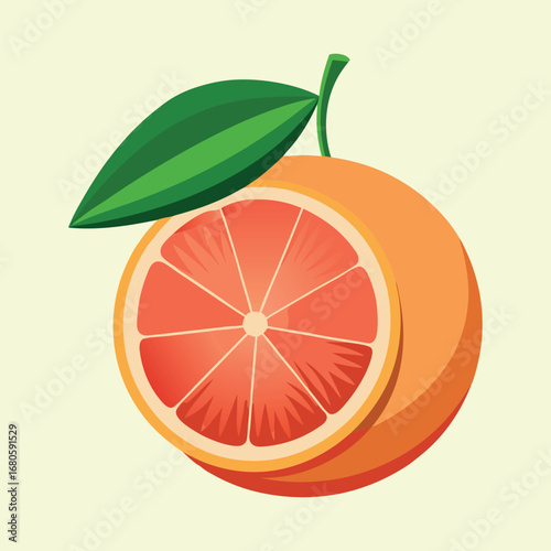 Grapefruit cross section illustration on light yellow background and one leaf