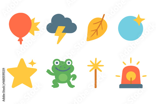Colorful Children's Surprises. Flat vector mini-illustrations unexpected events in colors children's illustrations: popping