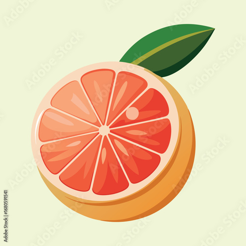 Cartoon Slice of a Grapefruit with a Green Leaf Against Green Background