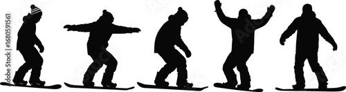 Silhouette sequence of snowboarder riding and balancing on a snowboard, performing smooth maneuvers in winter sports setting.