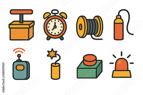 Colorful Detonation Tools. Flat vector mini-illustrations bomb detonation tools in colors children's illustrations: plunger box,
