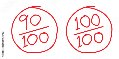 hand drawn exam score icon set. 9o out of 100 and 100 out of 100 hand drawn grade marks icon. hand drawn test result set. vector illustration and transparent background. school grading icon set. 