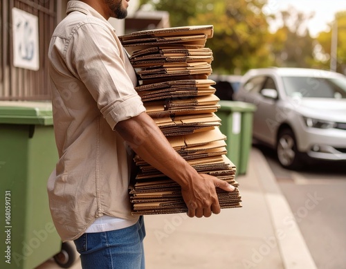 A person carrying cardboard boxes, representing recycling and environmental action.